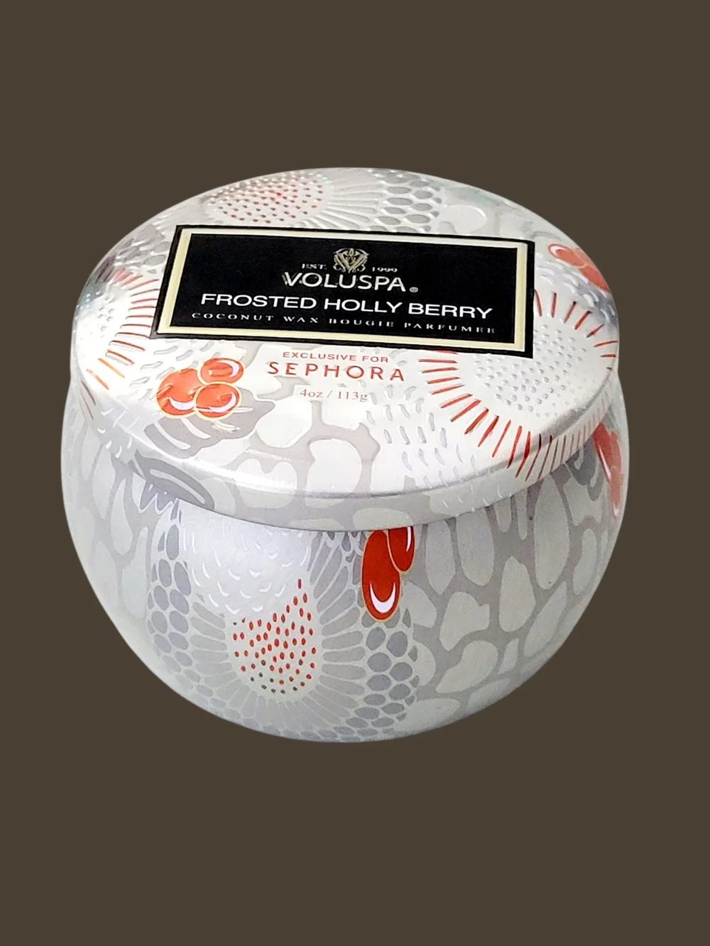 NEW VOLUSPA Frosted Holly Berry  Sephora Exclusive One Wick Scented Candle Tin